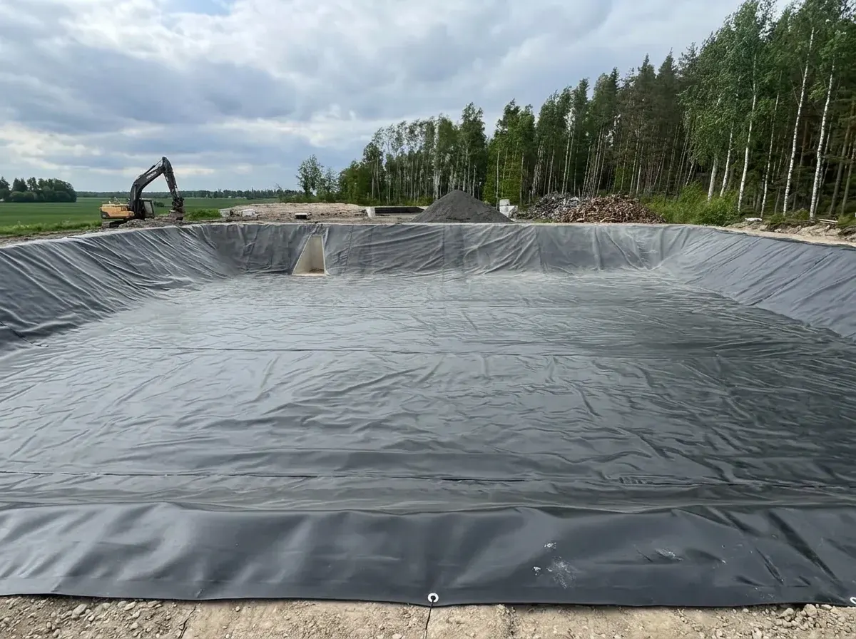 Gödselbrunn på 4 000 m³ täckt med svart geomembran med svetsade skarvar, inloppsrör i betong och grävmaskin vid kanten