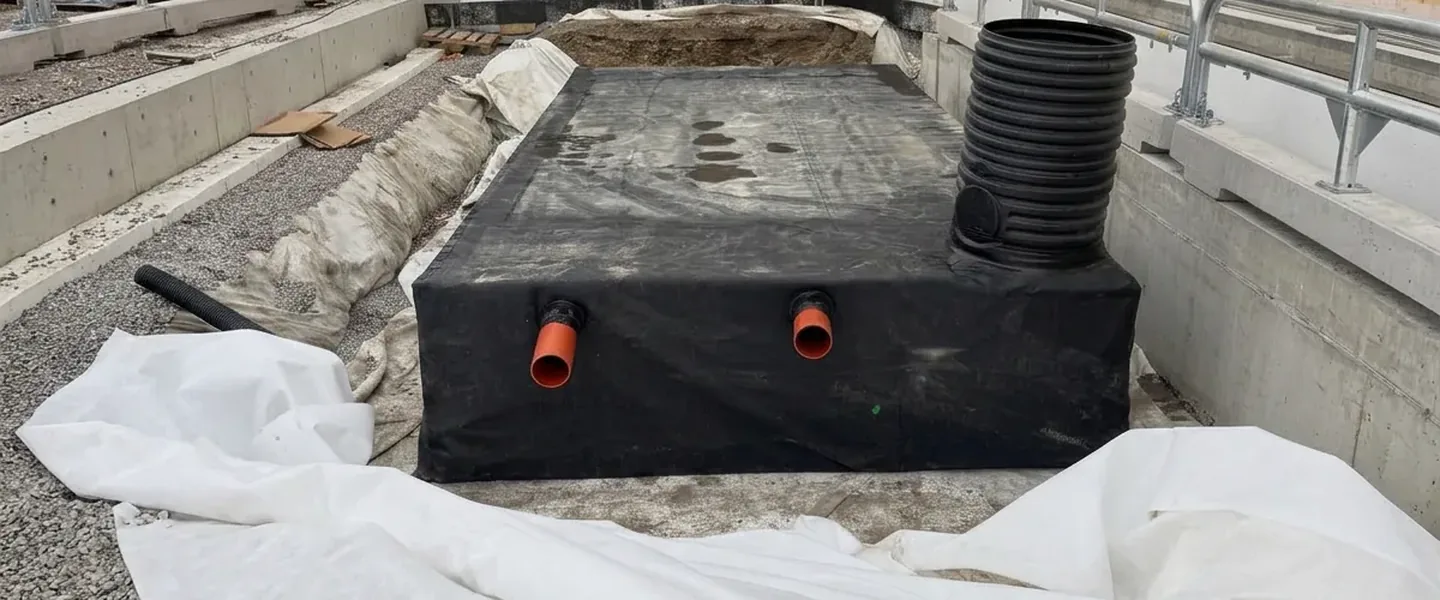 Dagvattenmagasin under installation med tätskikt av geomembran, anslutningsrör och brunnsschakt