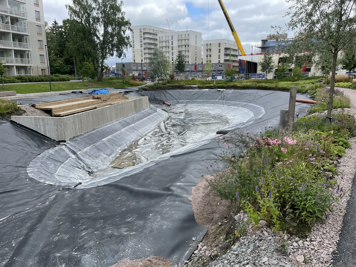 Dagvattendamm under anläggning klädd med svart geomembran med vatten i botten, inloppsrör och blomsterrabatt längs kanten