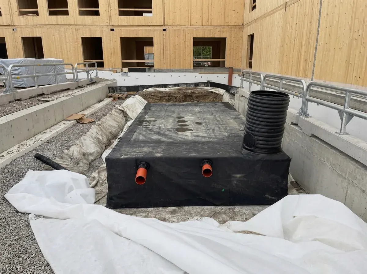 Dagvattenmagasin under installation inomhus med tätskikt av geomembran, anslutningsrör och brunnsschakt