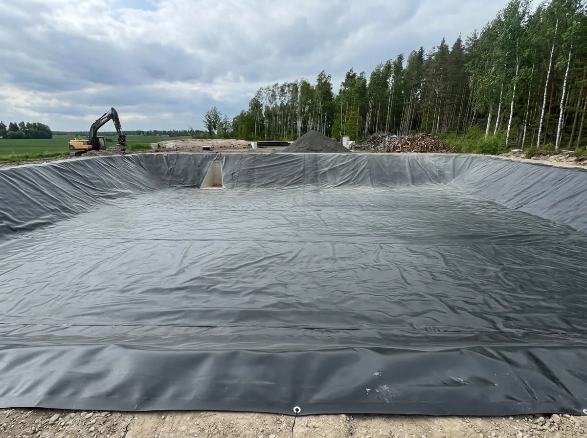 Bassäng täckt med svart geomembran med svetsade skarvar, infartsrör i betong och grävmaskin vid kanten