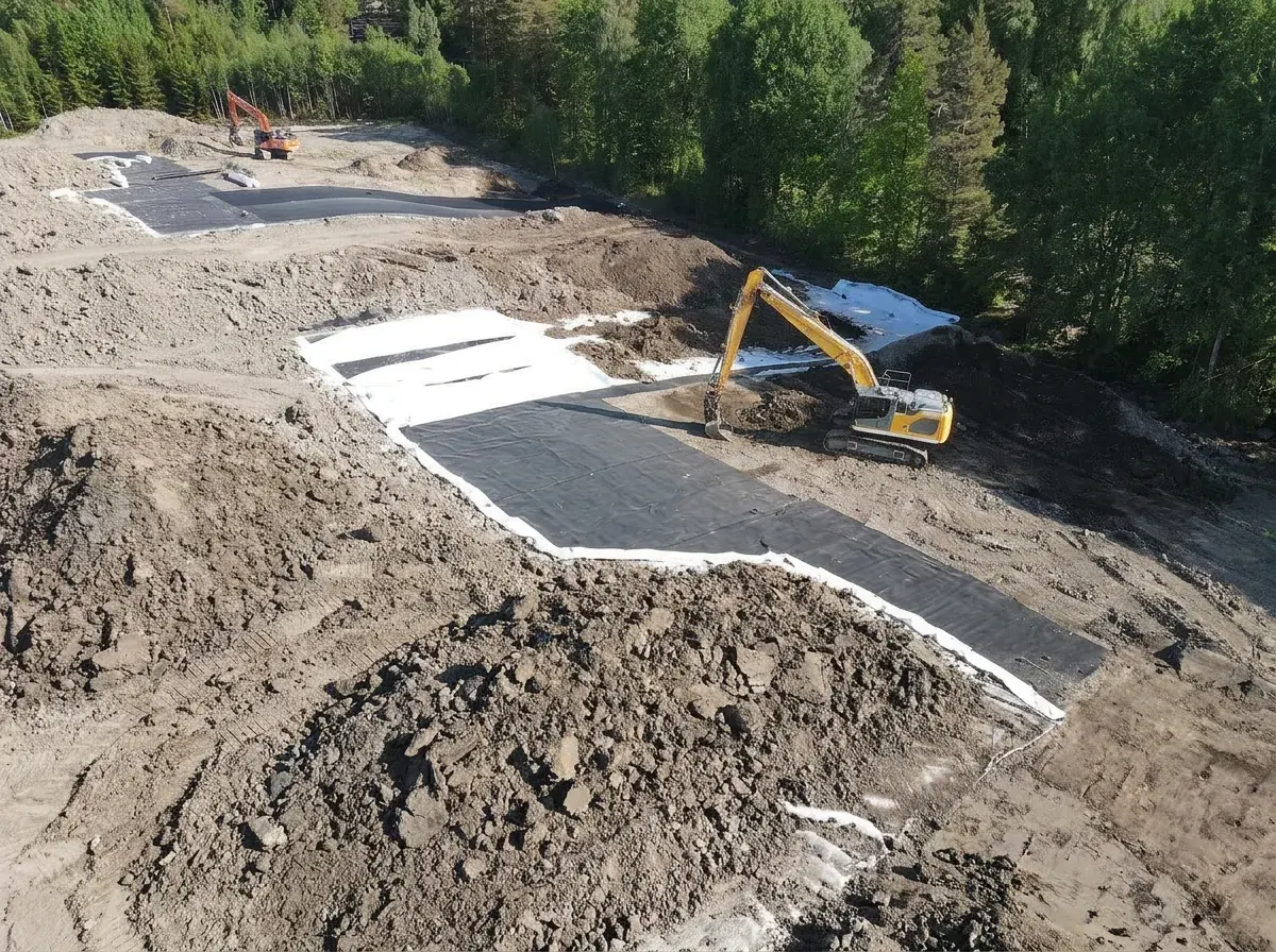 Utgrävningsområde i skogsmiljö med utlagd vit geotextil och svart geomembran och grävmaskiner i arbete