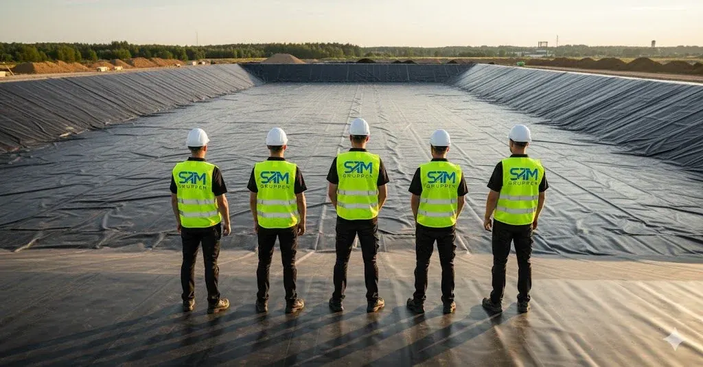 STM Gruppens installationsteam framför en damm med installerat geomembran