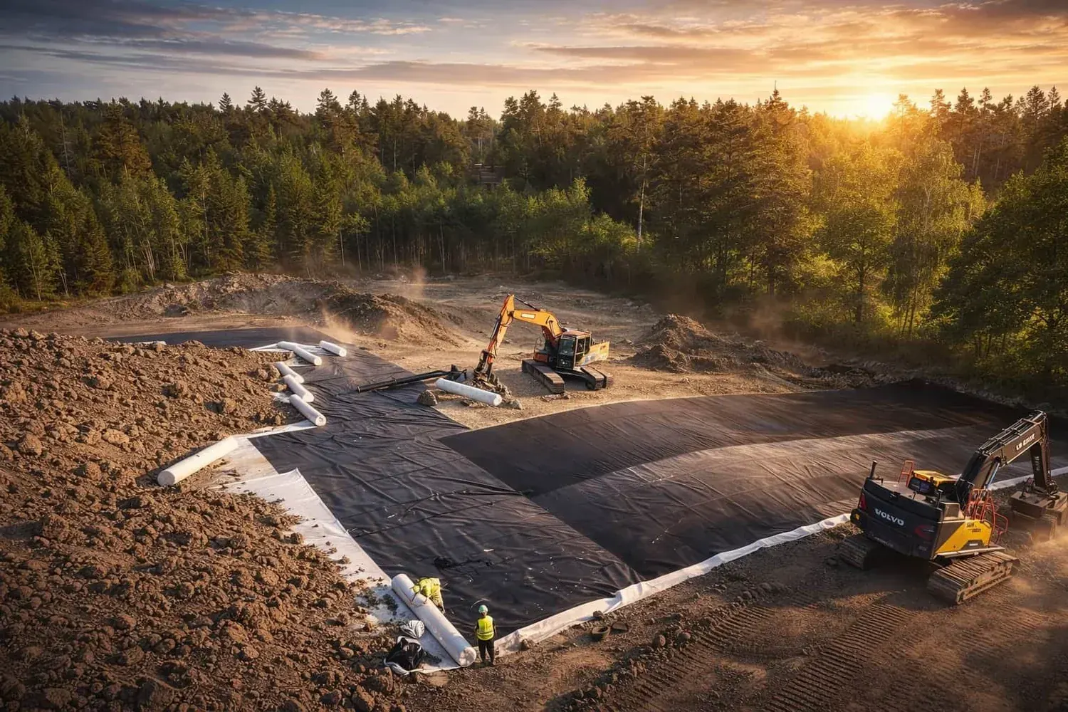 Installation av geomembran på en anläggningsyta med grävmaskiner i solnedgång