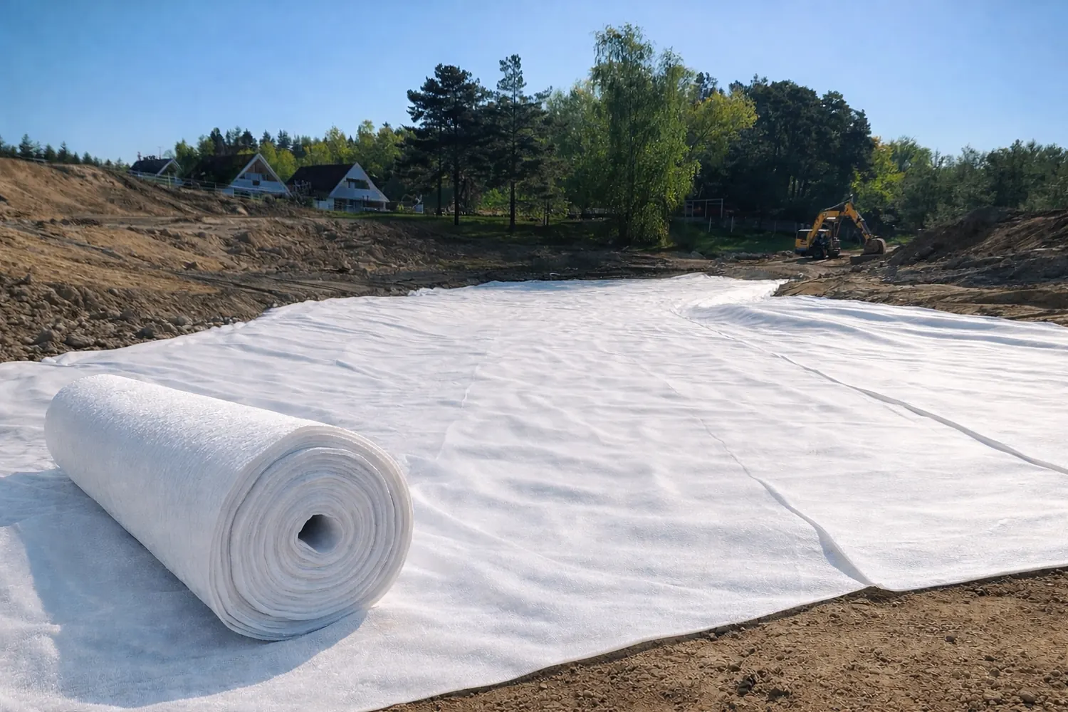 Rulle med nålfiltad geotextil utlagd på en markyta