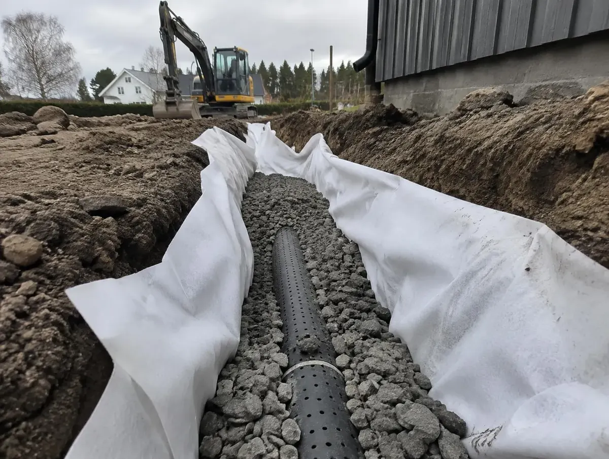Illustration: geotextil runt dräneringsrör i ett dike