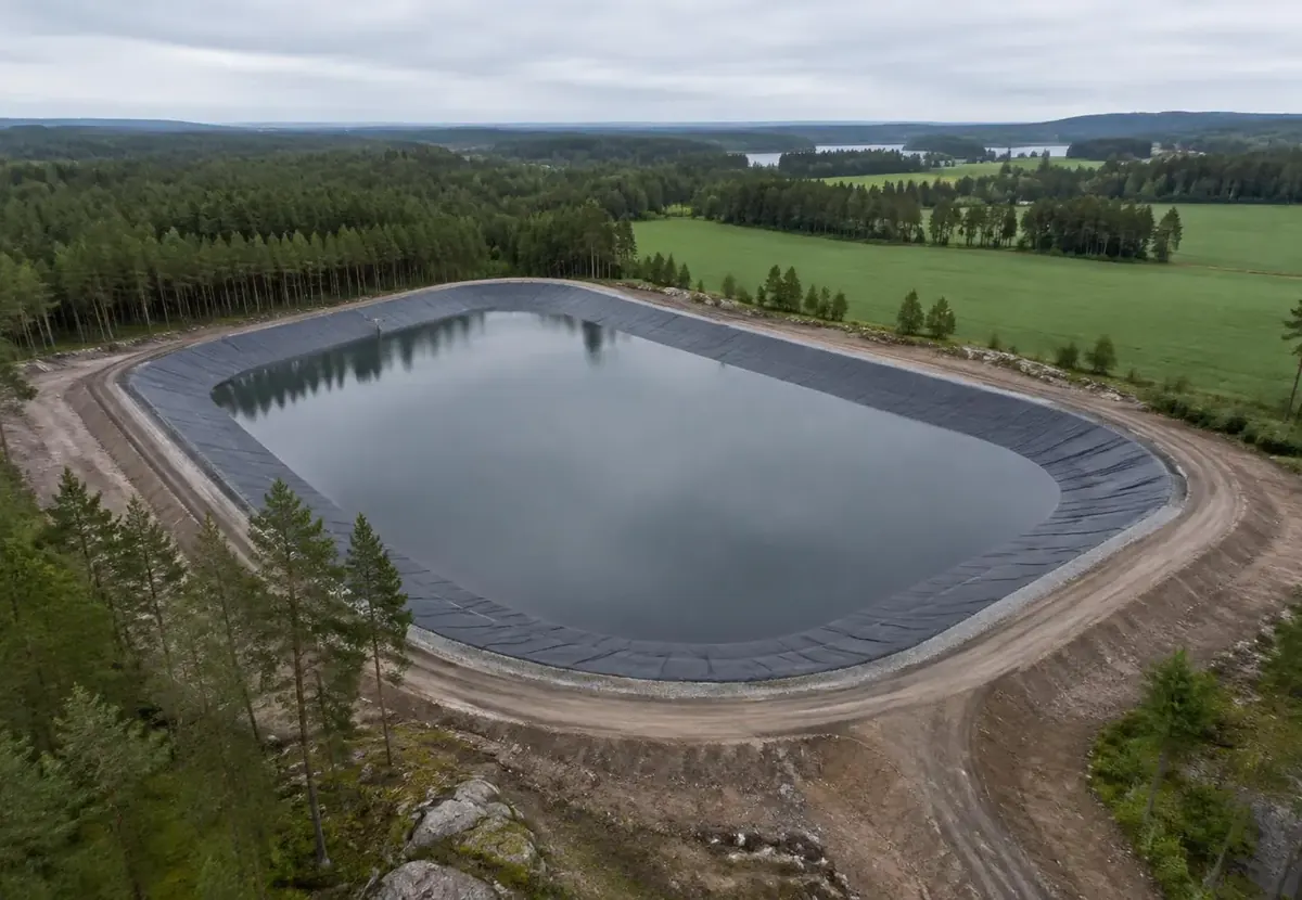 Illustration: damm tätad med geomembran i ett skogslandskap